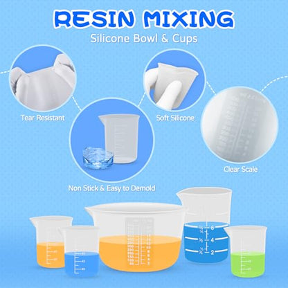 Silicone Resin Mixing Measuring Cups for Resin Supplies, 600ml/20oz Bowl, 250 & 100ml Thickened Reusable Silicone Cups for Epoxy Mixing, with Stir Sticks and Pipettes, Jewelry Making - size: 600+250+3*100ml (Transparent Marks)