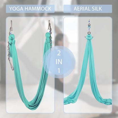 Aerial Silks Yoga Swing Set, Fitness Aerial Yoga Kit | Anti-Gravity Flight Aerial Yoga Hammock Kit; Low/Non Stretch Nylon Tricot Fabric; For Fitness & Dance; Hardware Included - color: Turquoise