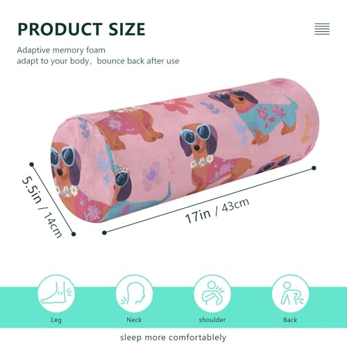 Bolster Pillow Neck Pillow Round Soft Health Memory Foam Pillows Long Cylindrical Body Pillow with Removable Cover Cute Back Yoga Cartoon Dachshunds Flowers Pink 17" x 5.5" - color: Cartoon Dachshunds Flowers Pink