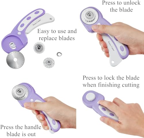 Headley Tools 39 Pcs Rotary Cutter Set - Quilting Kit incl. 45mm Fabric Cutter with 5 Extra Blades, A4 Cutting Mat, 2 Craft Knife Set, Sewing Clips, Ideal for Crafting, Sewing, Patchworking Purple - color: Purple, size: A4 Rotary Cutter Set