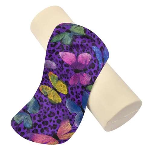 Bolster Pillow Neck Pillow Round Soft Health Memory Foam Pillows Long Cylindrical Body Pillow with Removable Cover Cute Back Yoga Colorful Butterflies and Purple Leopard Print 17" x 5.5" - color: Colorful Butterflies and Purple Leopard Print