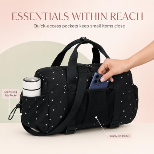 Small Mini Gym Bag for Women, Compact Duffle Overnight Bag - color: Black with Dot