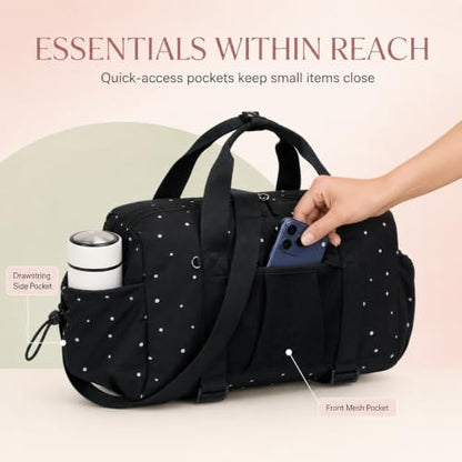 Small Mini Gym Bag for Women, Compact Duffle Overnight Bag - color: Black with Dot