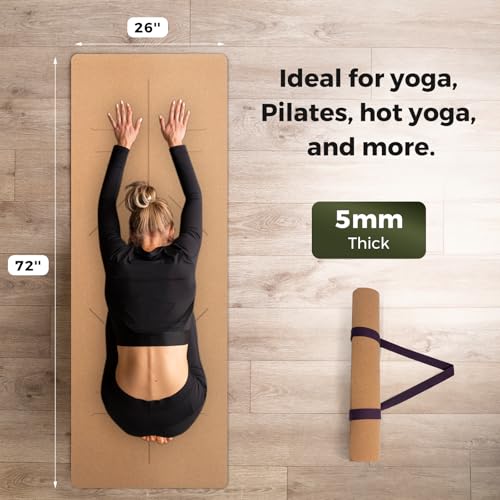 U&M Cork Yoga Mat Non-Slip, Resists Sweat and Odors Exercise Mat with Carrying Strap for Hot Yoga, Pilates, Floor & Fitness Workouts, Fitness Mats Non-Slip Natural Rubber Base & Cork Mat (72'' x 26'' x 5mm Thick) - color: line