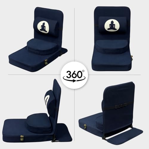Friends Of Meditation 4-in-1 Folding Buddha Chair – Ergonomic Yoga Seat with Half-Moon Zafu, Detachable Lumbar Support & Carry Case – Navy Blue - color: Navy Blue
