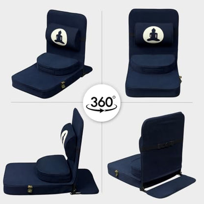 Friends Of Meditation 4-in-1 Folding Buddha Chair – Ergonomic Yoga Seat with Half-Moon Zafu, Detachable Lumbar Support & Carry Case – Navy Blue - color: Navy Blue