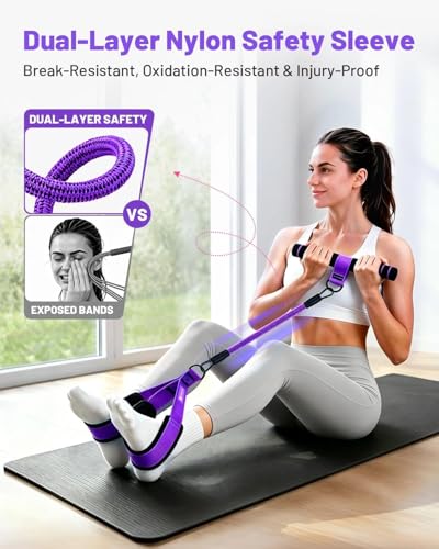 Multifunction Pedal Resistance Band with Handle, 4 Tubes 30/40/50LB Adjustable Foot Pedal Puller Resistance Band with Foam Handle& Storage for Men Women Core, Arm, Legs, Body Workout Home Gym, Purple