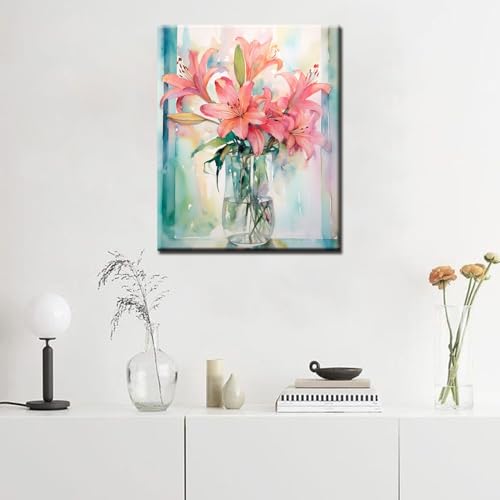 Tucocoo Pink Lily Flower Paint by Numbers Kits 16x20 inch Canvas DIY Oil Painting for Adults with Brushes and Acrylic Pigment - Blooming Floral Vase Picture for Home Decor Gifts (Without Frame) - color: Artwork-8, size: 16''x20''(Without Frame)
