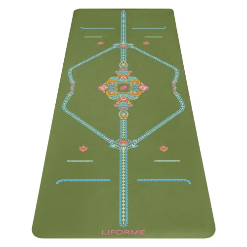 Liforme Printed Yoga Mat - Patented Alignment Design, Ultimate Grip | Eco-friendly, Non-Toxic, Sweat-Resistant, long, wide, 4.2mm thick mat for comfort, recommended for Hot Yoga, Free Yoga Bag - color: Mindful Garden - Olive/Floral