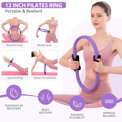 HASHMUST Pilates Ring Kit 12 PCS for Women, Home Workout Equipment with Magic Circle, Mini Exercise Ball, Resistance Bands, Massage Lacrosse, Yoga Strap, Full-Body Fitness Set for Toning & Gift - color: Purple