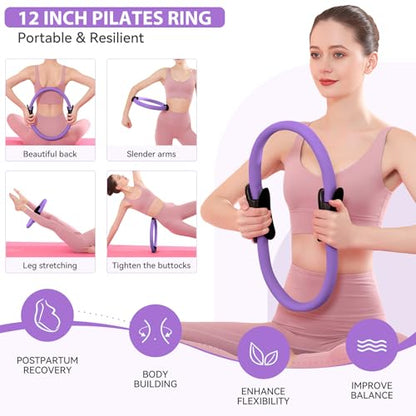 HASHMUST Pilates Ring Kit 12 PCS for Women, Home Workout Equipment with Magic Circle, Mini Exercise Ball, Resistance Bands, Massage Lacrosse, Yoga Strap, Full-Body Fitness Set for Toning & Gift - color: Purple