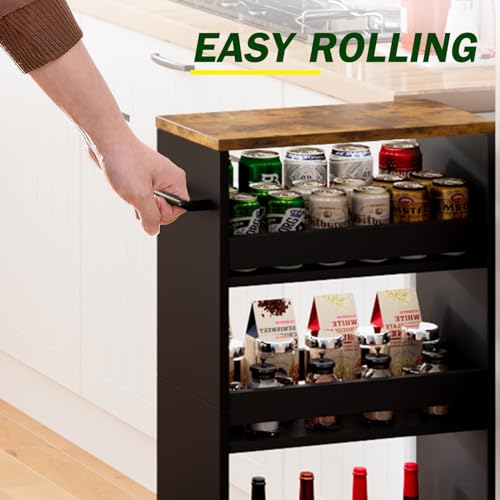 TEAMIX Slim Rolling Storage Cart, Wood 4-Tier Narrow Kitchen/Laundry Cart - color: Black+brown, size: 7-7/8'' W