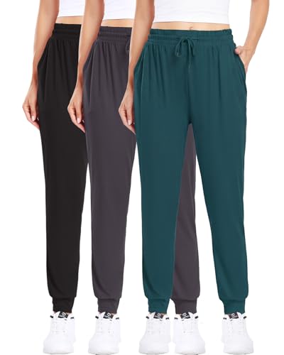 3Pack Joggers for women, Women sweatpants with pockets lounge casual pants - color: Black/Grey/Hunter Green, size: Large-X-Large