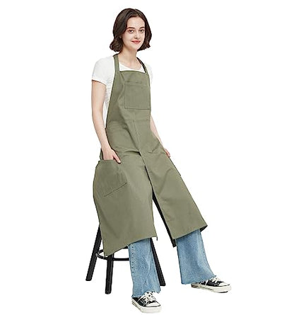 Pottery Apron Split Leg,100% Cotton Artist Apron 3 Pockets for Women Men,Ceramics Clay - color: Green, size: 36" long