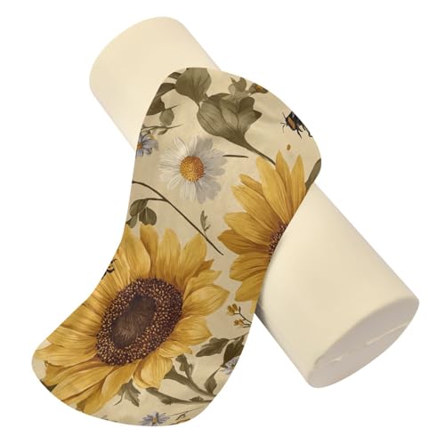 Bolster Pillow Neck Pillow Round Soft Health Memory Foam Pillows Long Cylindrical Body Pillow with Removable Cover Cute Back Yoga Beige Sunflowers and Daisy Bees01 17" x 5.5" - color: Beige Sunflowers and Daisy Bees01