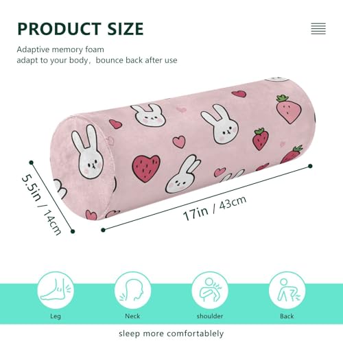 Bolster Pillow Neck Pillow Round Soft Health Memory Foam Pillows Long Cylindrical Body Pillow with Removable Cover Cute Back Yoga Bunny Pink Strawberry Hearts 17" x 5.5" - color: Bunny Pink Strawberry Hearts