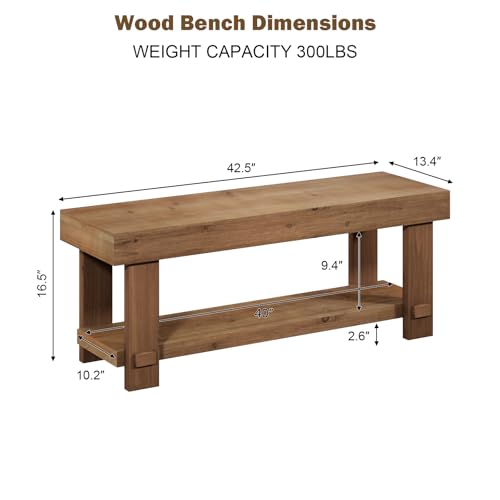 42.5" Solid Wood Bench, Long Farmhouse Narrow Entryway Bench, Natural | with Storage Shelf, Rustic, Easy Assembly, for End of Bed, Indoor, Entryway, Dining Room, Bedroom, Living Room and Hallway - size: 42.5"W