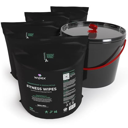 Wipex Plant Based Gym Wipes Dispenser Refill - 700 Count Fitness Equipment Wipes (Large 8x12) Lemongrass + Bucket, (Pack of 4 + Bucket) - size: 700 Count (Pack of 4), style: Original Lemongrass + Bucket