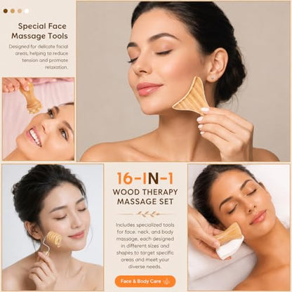 16Pcs Wood Therapy Massage Tools Set, Maderoterapia Massage Kit with Wooden Gua Sha Tools, Body Sculpting & Lymphatic Drainage Massager, Muscle Relaxation Roller for Face, Back, Legs & Full Body - color: 16pcs