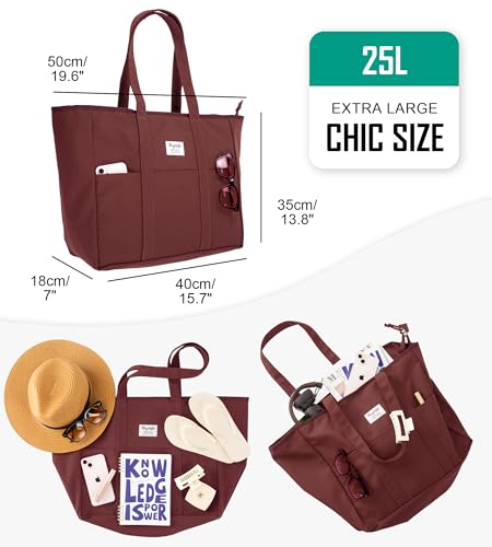 Bagelite Extra Large Canvas Tote for Women Men, Utility Work Bag with Zipper - color: Wine Red