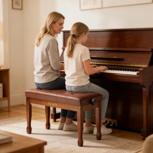 Adjustable Height Duet Piano Bench, Wooden Piano Stool with Waterproof Padded Cushion, Bench Seat for Vanity, Bedroom, Living Room, Light Brown - color: Duet-wood