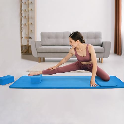 BalanceFrom 71x24 Inches Yoga Mat with Knee Pad and Optional Blocks – Extra 1-Inch Thick Non-Slip Foam with Anti-Tear Surface and Carrying Strap for Home, Studio, or Gym Workouts - color: Blue, style: Mat & Knee Pad & Yoga Blocks