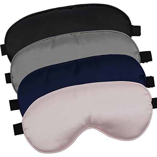LERSVICVIL 4 Pack Eye Mask for Sleeping Silky Soft Satin Blindfold Adjustable Strap Night Eye Cover for Women Men - color: Navy Blue, Light Pink, Black and Silver