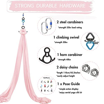 Aerial Silks Yoga Swing Set, Fitness Aerial Yoga Kit | Anti-Gravity Flight Aerial Yoga Hammock Kit; Low/Non Stretch Nylon Tricot Fabric; For Fitness & Dance; Hardware Included - color: 9Yards-Tender Pink