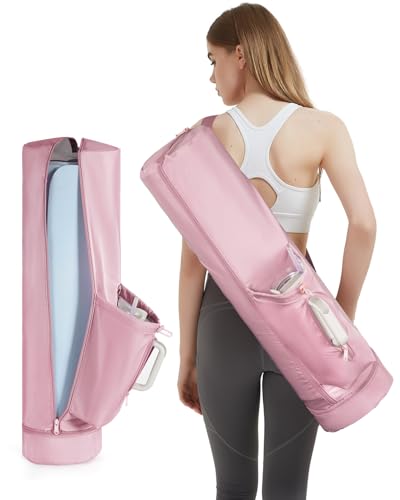 sportsnew Yoga Mat Bag, Full Zip Cargo Yoga Mat Carrier Bag with Drawstring Water Bottle Pocket and Bottom Wet Pocket, Exercise Yoga Mat Carrier Holder Multi-Functional Storage Bag Patent Pending - color: Deep Pink, size: Large pocket