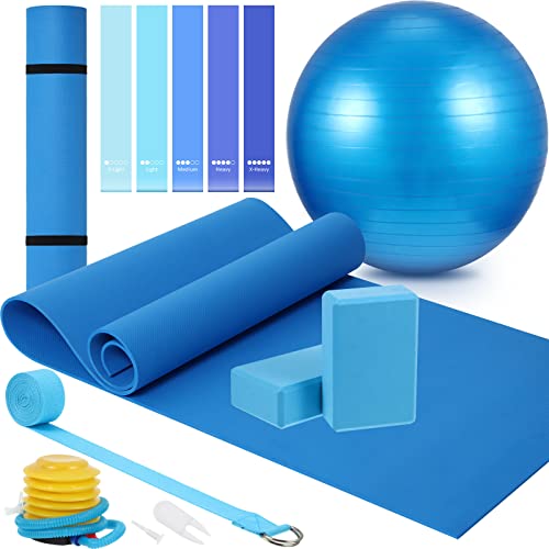 Liliful 10 Pcs Yoga Starter Kit Include 6mm Yoga Mat with Carry Strap, 2 Blocks, 65cm Pilates Ball, Stretch Strap, 5 Resistance Bands with Air Pump Home Workout Set for Beginners Women Men Gym - color: Blue