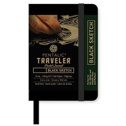 Pentalic Traveler Midnight Sketch Black Paper Journal, 160 Pages, Black (3" x 4") - size: 3-inch x 4-inch, Black