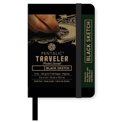 Pentalic Traveler Midnight Sketch Black Paper Journal, 160 Pages, Black (3" x 4") - size: 3-inch x 4-inch, Black