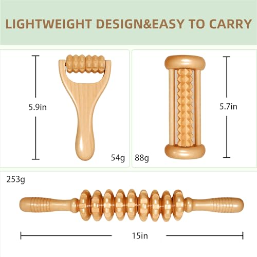3Pcs Wood Therapy Massage Tools, Lymphatic Drainage & Maderoterapia Kit for Body Sculpting, Anti Cellulite, Wooden Muscle Roller for Deep Tissue, Back, Legs, Foot Roller for Plantar Fasciitis