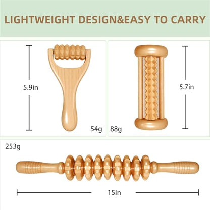3Pcs Wood Therapy Massage Tools, Lymphatic Drainage & Maderoterapia Kit for Body Sculpting, Anti Cellulite, Wooden Muscle Roller for Deep Tissue, Back, Legs, Foot Roller for Plantar Fasciitis