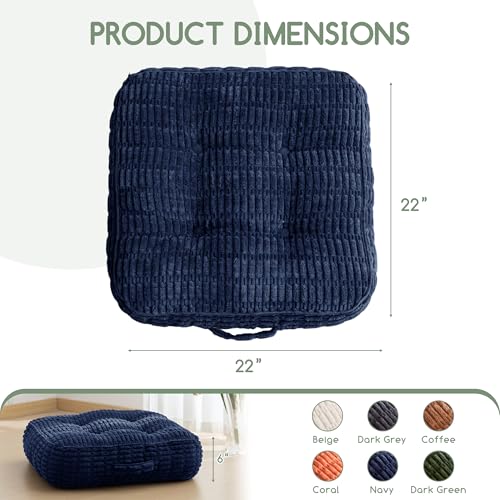HIGOGOGO 6" Floor Pillow Cushion for Adults, Meditation Cushion Pillow, Blended Corduroy Cover, Large Square Floor Sitting for Tatami Living Room or Yoga, 22x22 Inch, Navy - color: Square Navy, size: 6" Thick(Pack of 1)