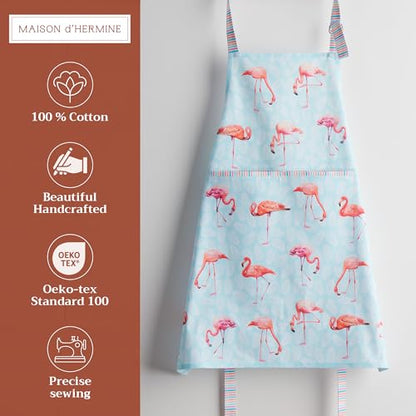 Maison d' Hermine Aprons for women with Pocket 100% Cotton (27.50"x31.50") | Adjustable Neck Strap & long ties Apron Men Chef Wedding Cooking Gardening Server Maid - color: 040 - Flamingo Love