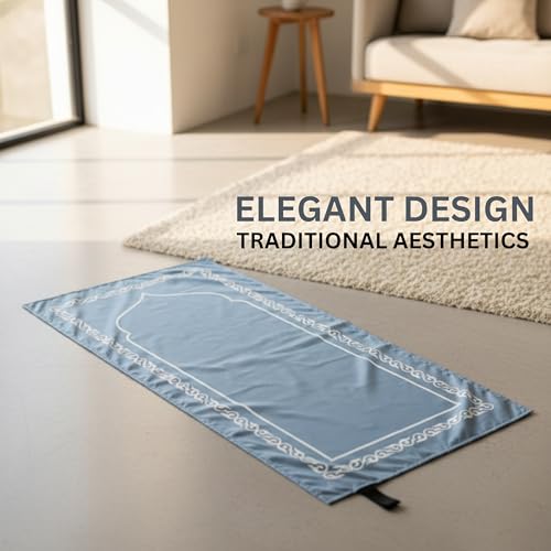 Portable Islamic Pocket Prayer Mat, Waterproof & Lightweight Thin Travel Sajjadah, Foldable Compact Small Muslim Praying Rug with Elastic Band, Essential Salah Gift Accessory - color: Bukhari Gray