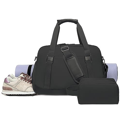 Sports Gym Bag for Women, Travel Duffle Bag with Shoe Compartment & Wet Pocket, Fitness Yoga Bag - color: Black