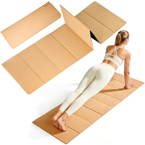 Rocalt Foldable Cork Yoga Mat, Non Slip Travel Pilates Workout Mat | 69" x 24" x 0.25", accordion-fold design, POE backing, carry strap for yoga, stretching and travel