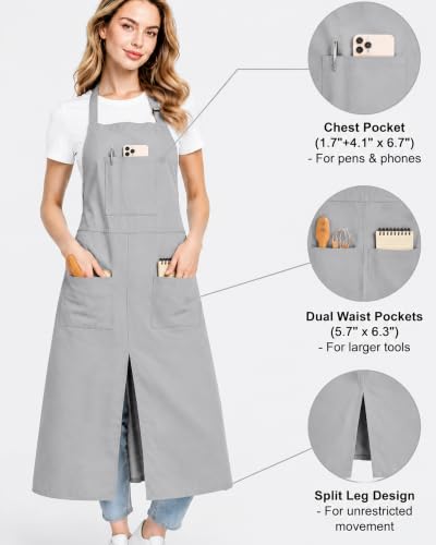 Pottery Split-Leg Make Ceramic Apron, Long Split-Leg Artist Painting Apron with 3 Pockets for Men and Women - color: Grey