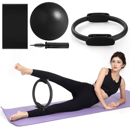 Tsikavo Pilates Ring, Pilates Ring Circle and Ball Set, 12 Inch Magic Circle Pilates Ring,9 Inch Small Exercise Ball,Resistance Bands Set, Home Pilates Equipment for Women - color: Black