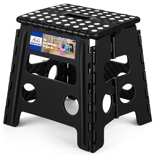 ACKO 13 Inch Folding Step Stool, Holds 300 lb for Adults and Kids, Black | Collapsible Heavy Duty Foldable Stools, Portable Non-Slip Foot Stepping stool, Kitchen Bathroom Bedroom Outdoor with Handle - color: Black, size: 13 Inch
