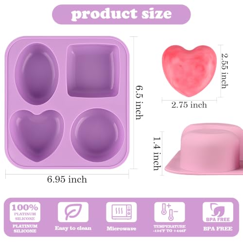 Sakolla 3 Pack Silicone Soap Molds, 4 Cavities Heart, Square, Round and Oval Silicone Molds for Handmade Soap, Candle and Mousse Cake (Pink, Green, Purple) - color: Pink Green Purple/3Pcs