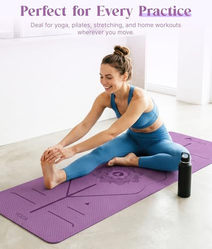 ROMIX Pro Yoga Mat With Alignment Lines, 6Mm Thick Non-Slip Exercise Mat | 72 x 24 In TPE Large Pilates Mat For Home Workout, Stretching, Training, Meditation, Carry Bag Included For Women And Men - color: Purple