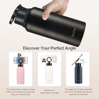 Insulated Water Bottle with Magnetic Phone Holder Compatible with MagSafe and iPhone,Double-Sided Magnet,Hot 12H Cold 24H,Stainless Steel Water Bottle Phone Mount for Sports Travel,32oz (Black) - color: Black