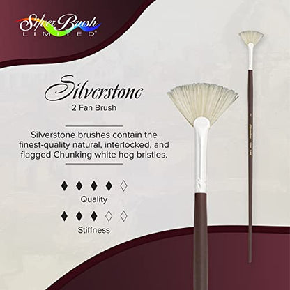 Silver Brush 1104-2 Silverstone Excellent Long Handle Hog Bristle Brush, Fan, Size 2 | Stiff Flagged Hog Bristle, Superb Paint Absorbency, Lightly Textured Strokes, Smoothing, Blending, Lifting, Softening Colors - size: Size 2