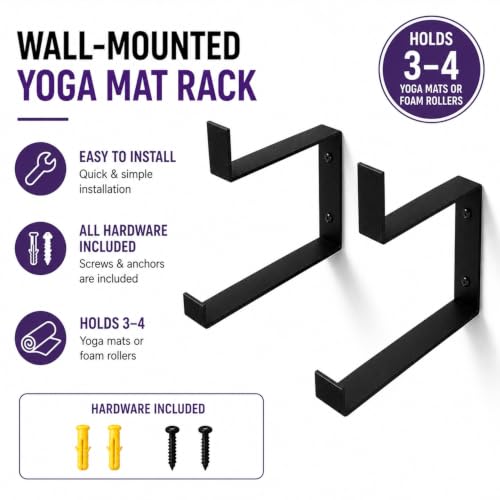 Yoga Mat Holder Wall Mount, 2-Pack Home Gym Storage Rack | Space-saving wall organizer stores yoga mats, foam rollers, and resistance bands for home gyms, studios, and workout spaces.