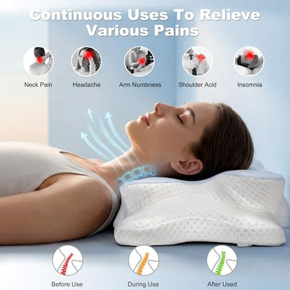 VYLEE Cervical Neck Pillow for Pain Relief, Cooling Memory Foam Pillow - color: Blue and White
