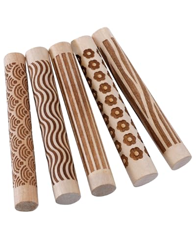 eZAKKA Pattern Rolling Pin for Pottery Ceramics and DIY Handcrafts 5 Pcs | 4.3 Inch Wooden Clay Texture Rollers Set for Embossing Modeling and Crafting - size: 5
