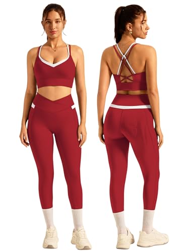 Workout Sets for Women 2 Piece Leggings Set Gym Sets Athletic Yoga Outfits - color: Red, size: Small